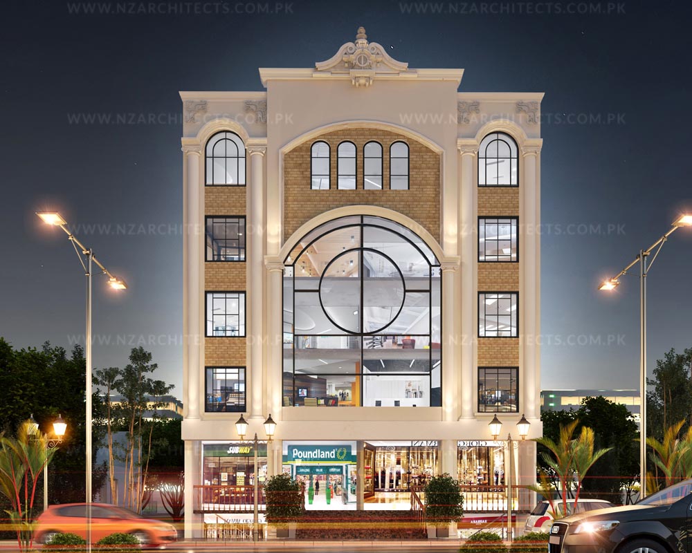 classical and modern commercial architecture plaza design islamabad rawalpindi 3d view yaseen plaza mumtaz city rawalpindi front view designed by nz architects islamabad