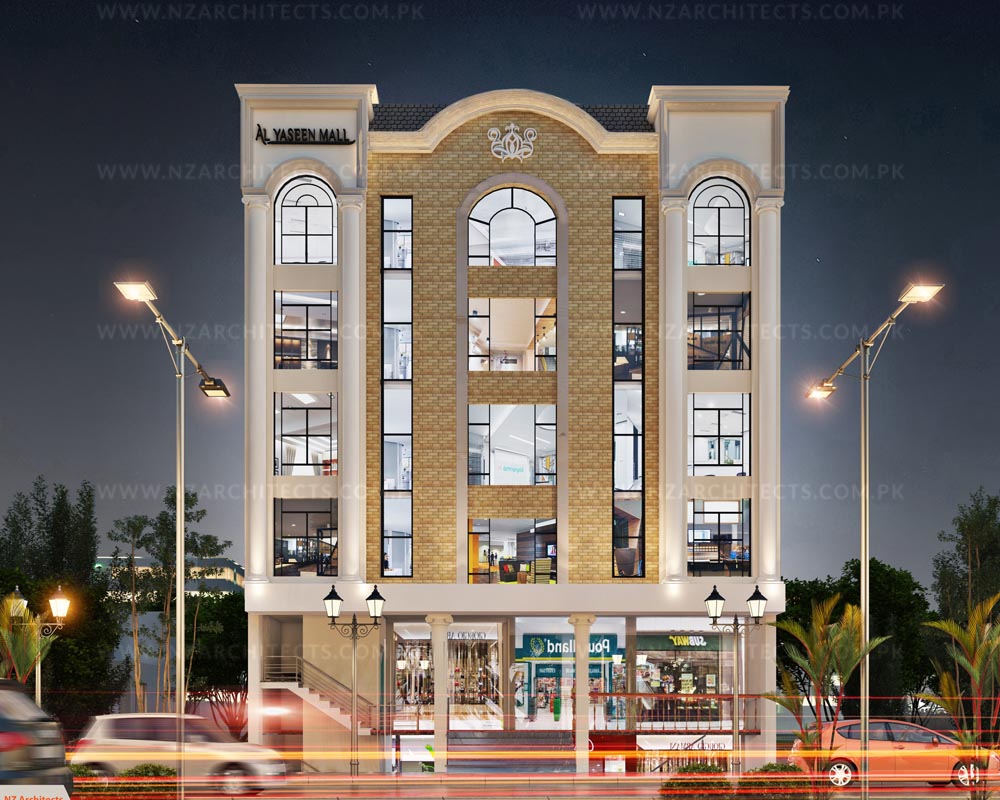 classical and modern commercial architecture plaza design Islamabad Rawalpindi 3d view Yaseen plaza Mumtaz city Rawalpindi rearview designed by nz architects Islamabad