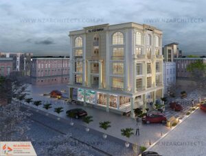 commercial architecture plaza design Islamabad Rawalpindi 3d perspective view Al Rahman mall Mumtaz city Islamabad Rawalpindi by NZ Architects Pakistan