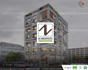 modern commercial architecture plaza design 3D view Faisal Town Rawalpindi front view NZ Architects Pakistan