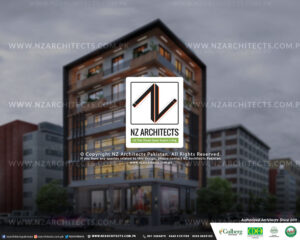 modern commercial architecture plaza design 3D view Mumtaz City designed by NZ Architects front view